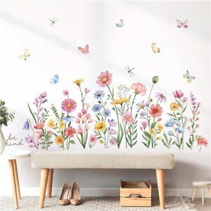 Pink Wildflower Wall Stickers Garden Daisy Butterfly Bedroom Living Room Decor